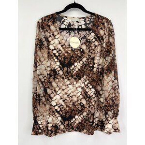 Chenault V-Neck Stretch Chiffon Long Sleeve Blouse Top Brown Black 2X NEW